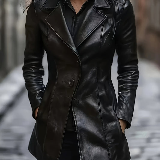 Leather Women's slim-fit jacket - elegant collar, mid-length outerwear with a single-button front closure, A-line cut, umbrella-shaped hem, suitable for casual and professional wear all year round, long sleeves
