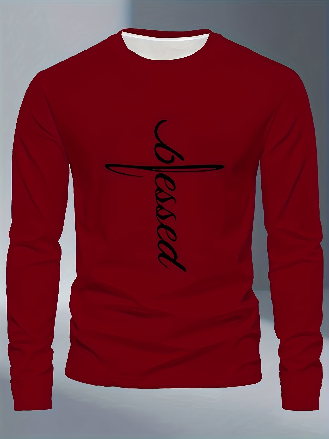 Men's Plus Size Long Sleeve T-Shirt - Dark Gray/Black Blessed Script & Cross - Soft Everyday & Formal Shirt - Machine Washable Casual Top for Religious Events Casual Attire, Event Apparel, Graphic Tee, Comfortable Fit, Comfor