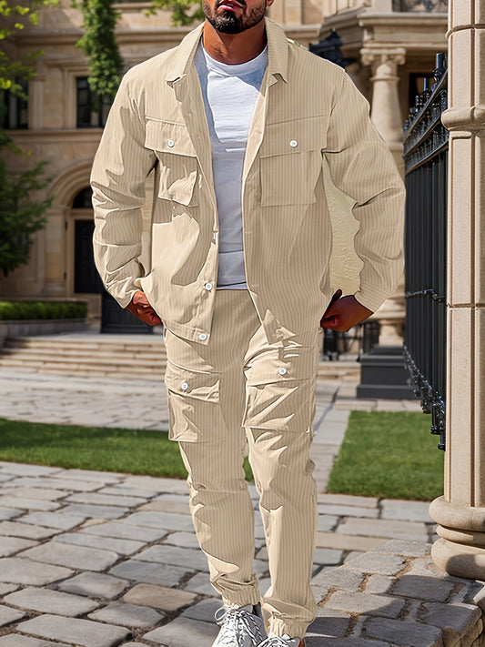 Large Size Men's Casual Long Sleeve Shirt and Trousers Set, PLUS SIZE