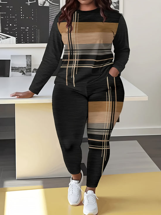 Plus Size, European and American Fashion Camouflage Printed Casual Pants Set, Round Neck Long Sleeved T-shirt Paired with Camouflage Sweatsuit Set