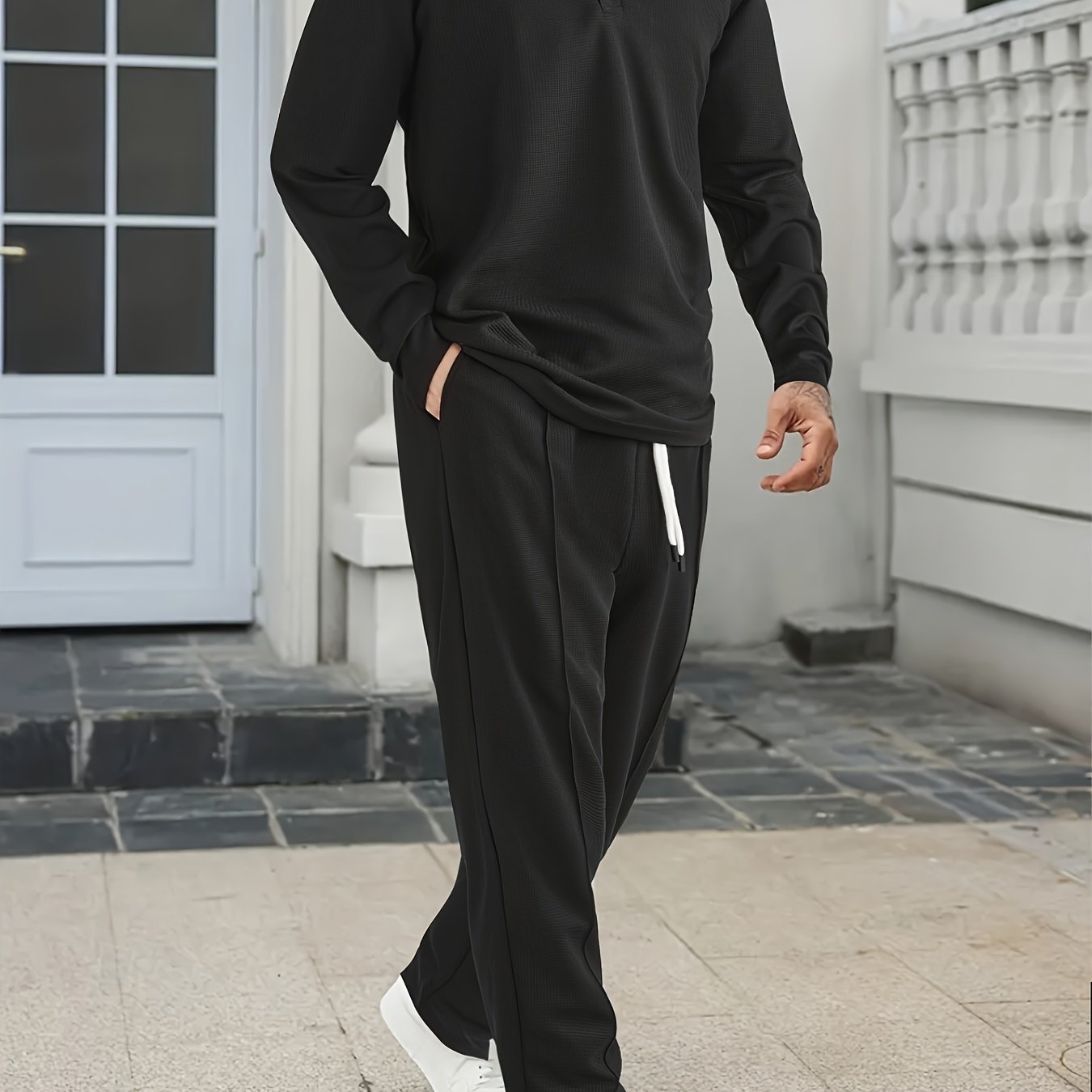 [Comfortable Men's Set] 2pcs Men's Long-Sleeve Shirt and Drawstring Pants Set - Clean, Comfortable, Breathable