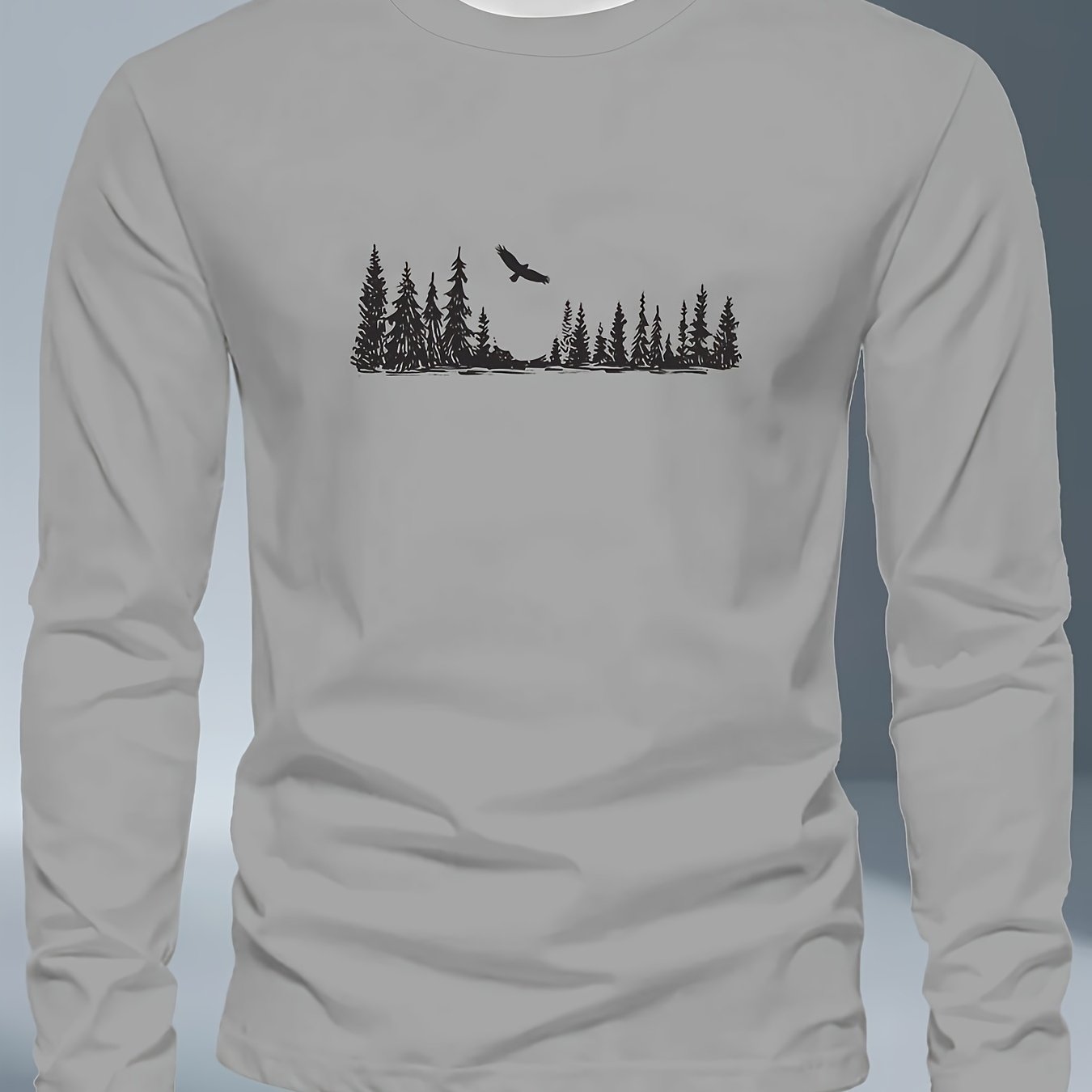 Men's Plus Size Long Sleeve T-Shirt - Navy Blue with Golden Pine Tree & Bird Design - Relaxed Fit Casual Everyday & Formal Wear - Machine Washable Graphic Tee, Durable Fabric Shirt, Versatile Top, Geometric Pattern, Comfortab