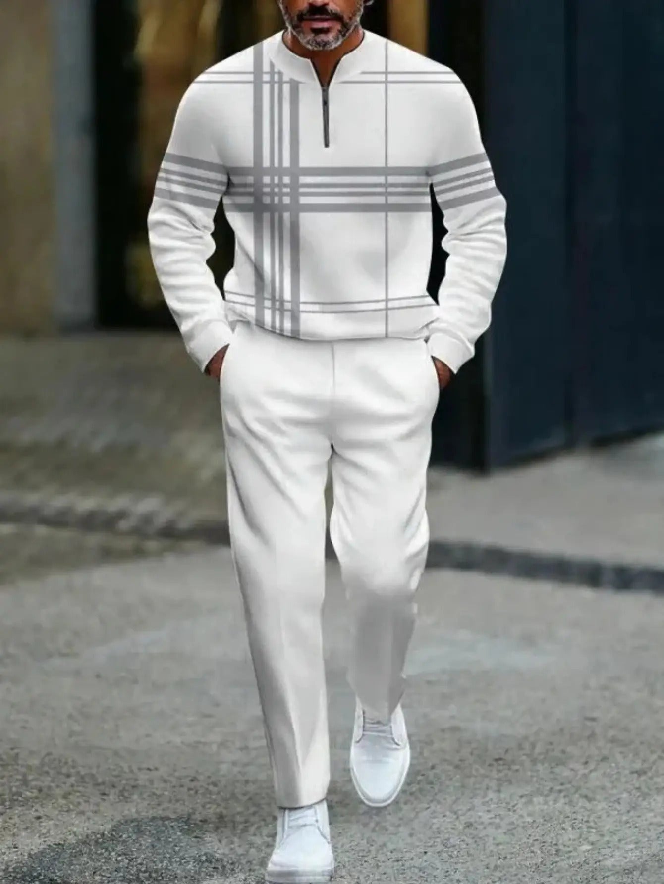 Men'S 3D Print Full-Body Vertical Stripe Two-Piece Set - White & Black Slim-Fit Long Sleeve Sweater & Pants, All-Season Casual & Sporty Outfit for Holiday Parties, Travel, Daily Commute | Modern Formal-to-Casual Wear with Zip