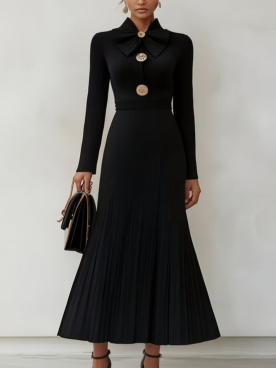 2025 New Arrival: British-Inspired Pleated Long Sleeve High-Waist Minimalist Solid Color Dress for Women