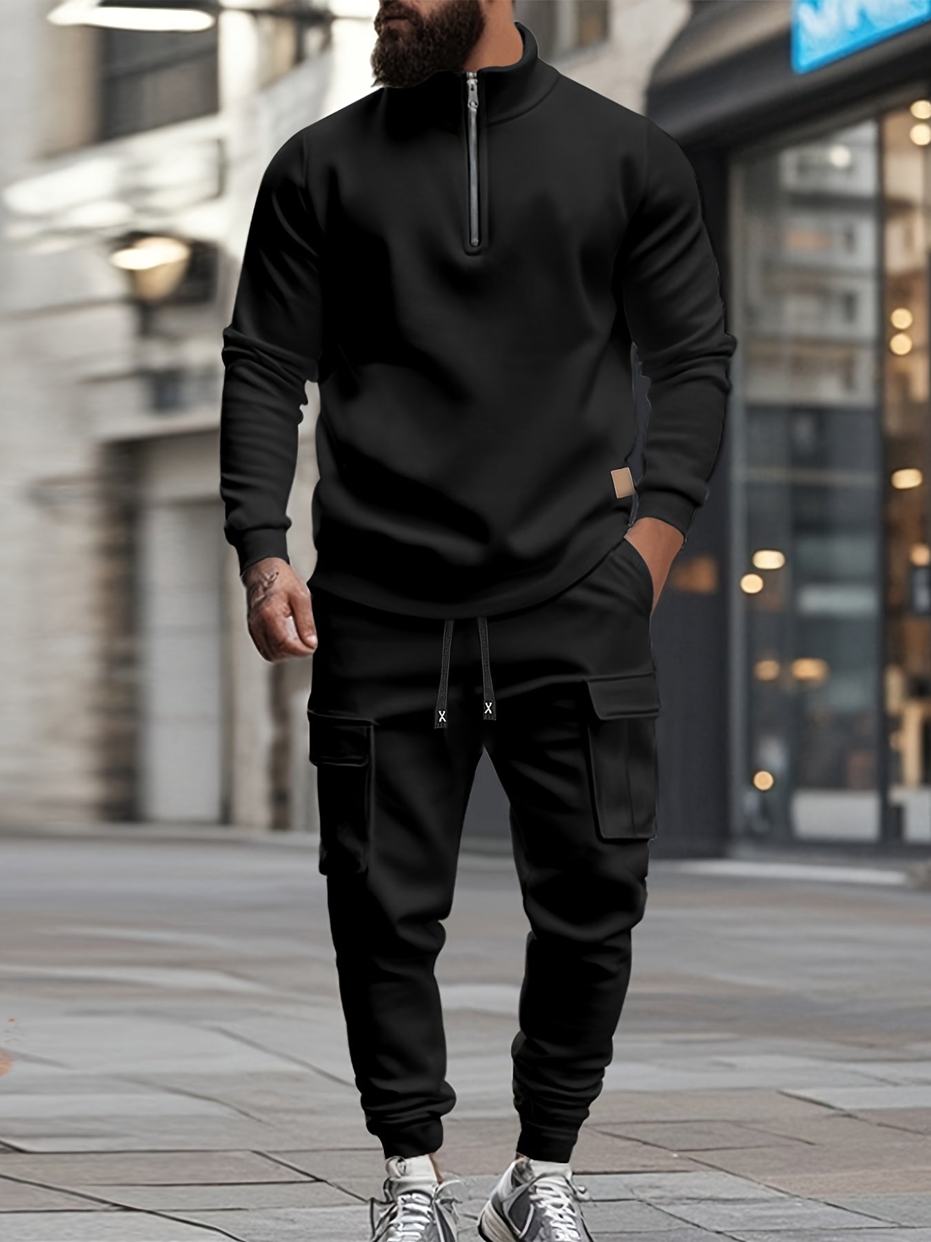 [Retro Casual Suit] Mens Fashionable Retro Casual Suit | Small Stand-up Collar Half-Zip Sweatshirt Plus Multi-Pocket Work Pants Set - Street Trendy Sports Suit Mens Outdoor Jogging Fitness Commuting All-Purpose Casual Sports
