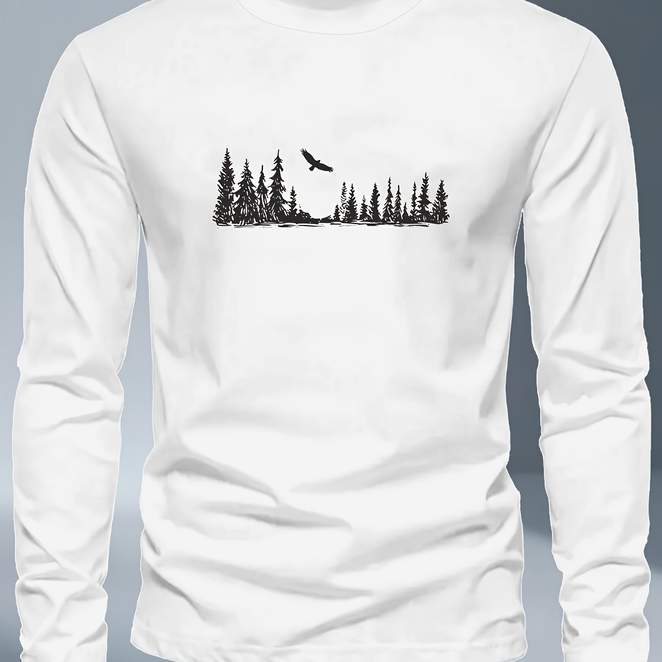 Men's Plus Size Long Sleeve T-Shirt - Navy Blue with Golden Pine Tree & Bird Design - Relaxed Fit Casual Everyday & Formal Wear - Machine Washable Graphic Tee, Durable Fabric Shirt, Versatile Top, Geometric Pattern, Comfortab