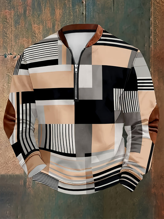 [All-Season Comfort Apparel] Geometric Color Block | Men's Casual Polo Shirt - V-Neck, Zip-Up, Loose Fit