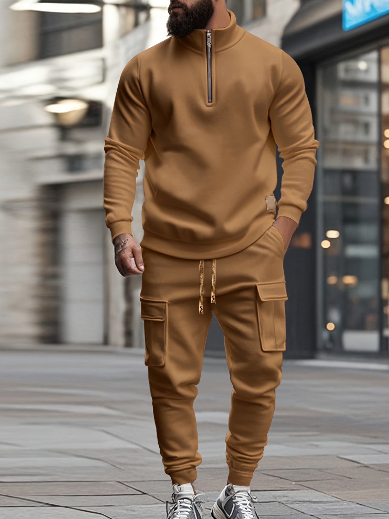 [Retro Casual Suit] Mens Fashionable Retro Casual Suit | Small Stand-up Collar Half-Zip Sweatshirt Plus Multi-Pocket Work Pants Set - Street Trendy Sports Suit Mens Outdoor Jogging Fitness Commuting All-Purpose Casual Sports