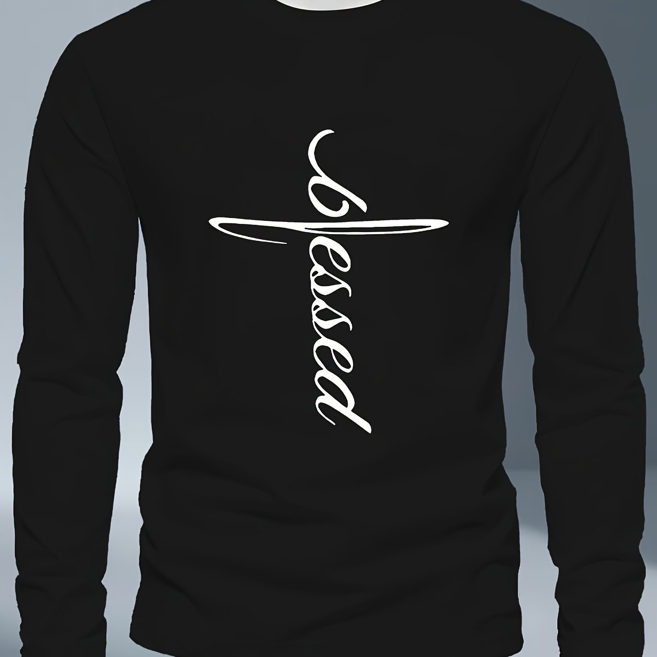 Men's Plus Size Long Sleeve T-Shirt - Dark Gray/Black Blessed Script & Cross - Soft Everyday & Formal Shirt - Machine Washable Casual Top for Religious Events Casual Attire, Event Apparel, Graphic Tee, Comfortable Fit, Comfor