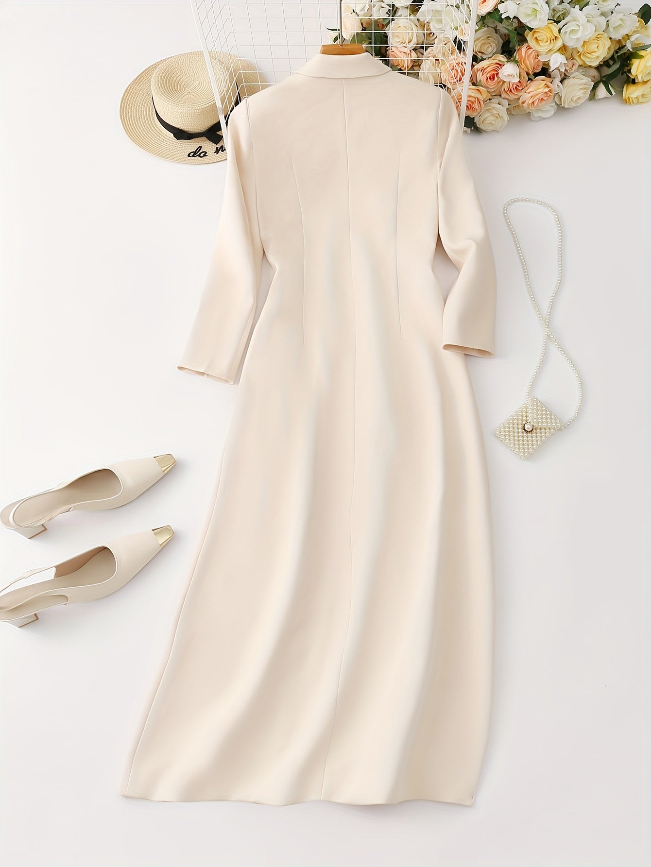 [Elegant Blazer] Elegant Long Double-Breasted Blazer | Women's Solid Color Notch Lapel Regular Fit Urban Style Jacket with Button Front, Long Sleeve for Spring/Fall Office & Casual Wear, Spring Outerwear, Sophisticated Tailor