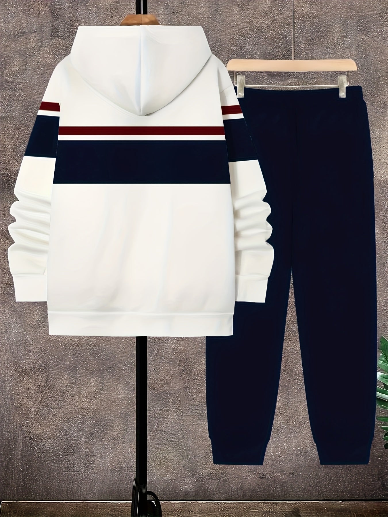 Plus Size 2pcs Men's Fashion Hoodie and Jogger Set with Color Block Stripe Pattern, 3D Print, Perfect for Spring Autumn Winter Wear, Machine Washable, PLUS SIZE