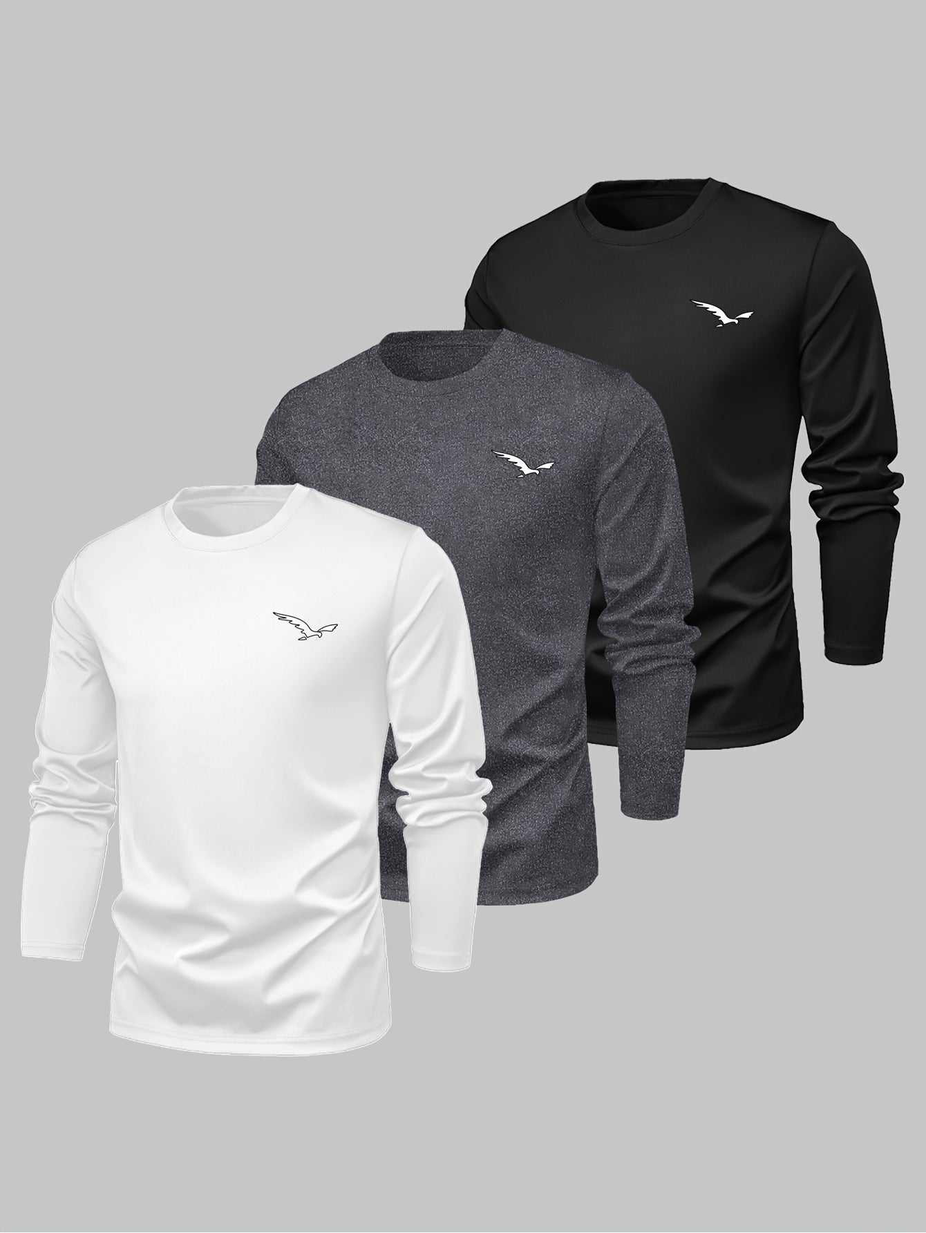 [3pcs Men'S Plus Size Long Sleeve T-Shirts] 3-Pack Men'S Plus Size Long Sleeve T-Shirts, Casual Crew Neck Animal Print Knitwear, Polyester Blend, Comfortable Home Wear for All Seasons - Black, White, Grey Combo Pack