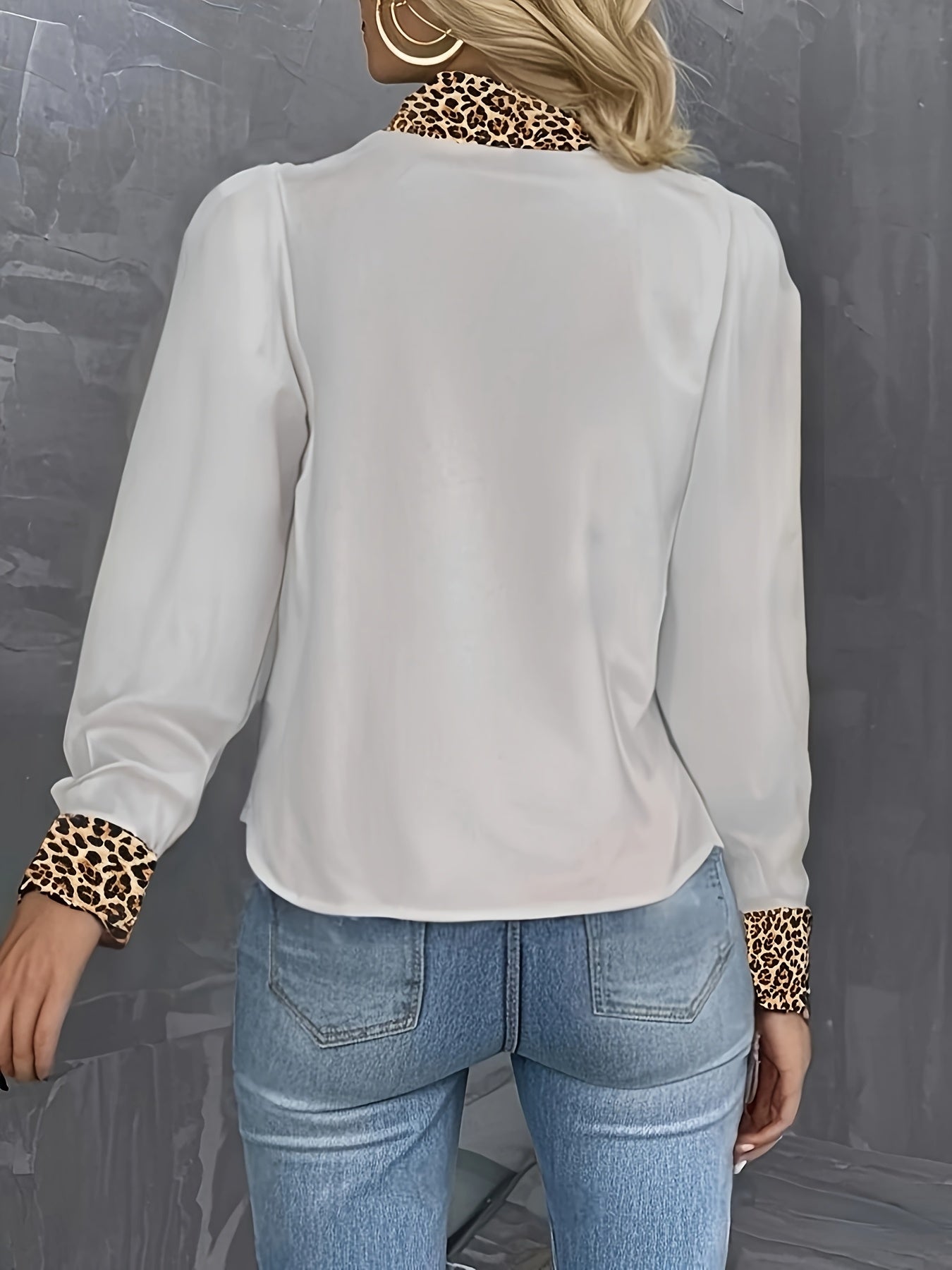 [Leopard Print White Shirt] Women's Elegant Leopard Print Collar White Shirt - Long Sleeve Button-Up Blouse with Classic Pointed Collar, Machine Washable Non-See-Through Fabric for Spring/Fall Office & Casual Wear, Spring Fas