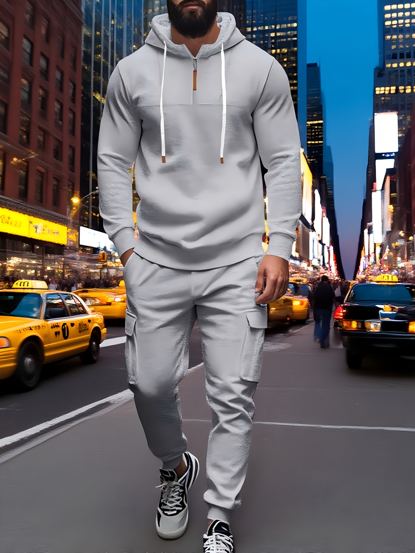 Exclusive for Tough Guys! Hooded Half - Zip Sweatshirt SetHeavyweight Fleece Fabric, Structured And Not Flimsy. The Half - Zip Design + Drawstring Hood, Full Of Street StyleThe Cargo Joggers with Multiple Pockets Are Practica