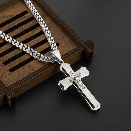 1pc High-quality Titanium 316L Stainless Steel Three-layer Cross Pendant Necklace, Paired with Titanium 316L Stainless Steel Encrypted Cuban Chain Necklace, Men&