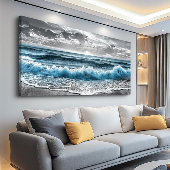 ZUITINGHUA Large Wall Decor For Living Room Canvas Wall Art For Office Modern Wall Decorations For Bedroom Sea Wave Landscape Painting Black And White Pictures Artwork Room Home Decor 24x48 In