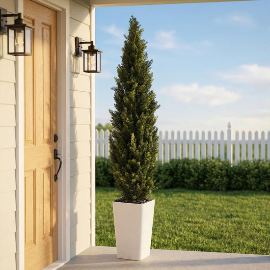 FSOHOI Artificial Cedar Topiary Tree - 5FT Tall Fake Plants with White Tall Planter, Artificial Plants Indoor Floor Plant in Pot, Realistic Faux Tree for Home Office Living Room Decor