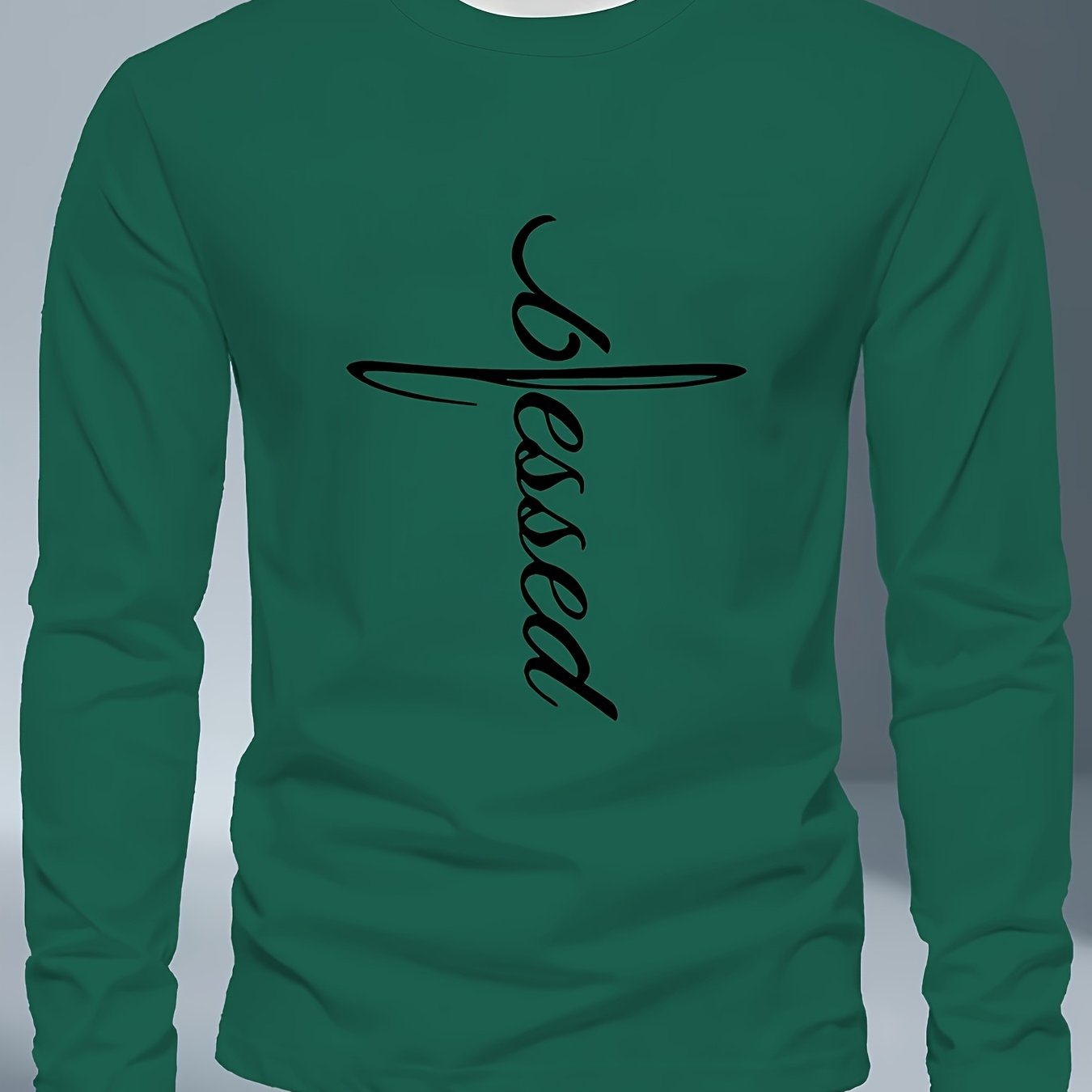 Men's Plus Size Long Sleeve T-Shirt - Dark Gray/Black Blessed Script & Cross - Soft Everyday & Formal Shirt - Machine Washable Casual Top for Religious Events Casual Attire, Event Apparel, Graphic Tee, Comfortable Fit, Comfor