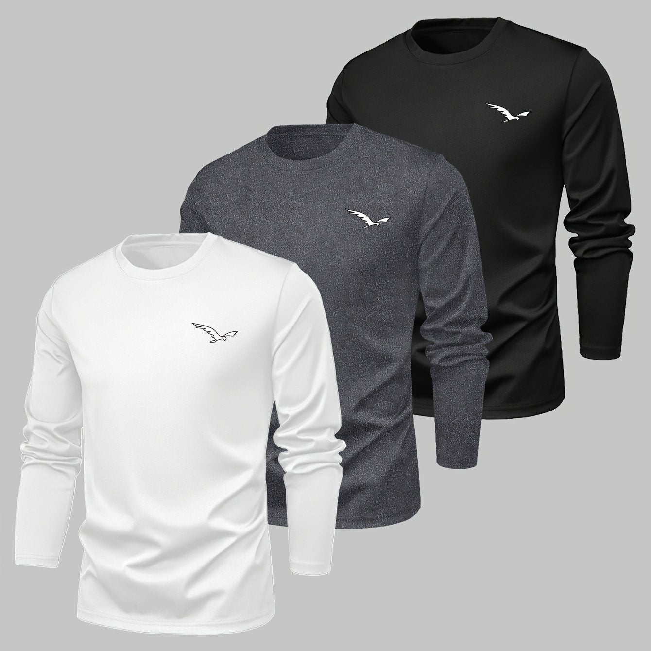 [3pcs Men'S Plus Size Long Sleeve T-Shirts] 3-Pack Men'S Plus Size Long Sleeve T-Shirts, Casual Crew Neck Animal Print Knitwear, Polyester Blend, Comfortable Home Wear for All Seasons - Black, White, Grey Combo Pack