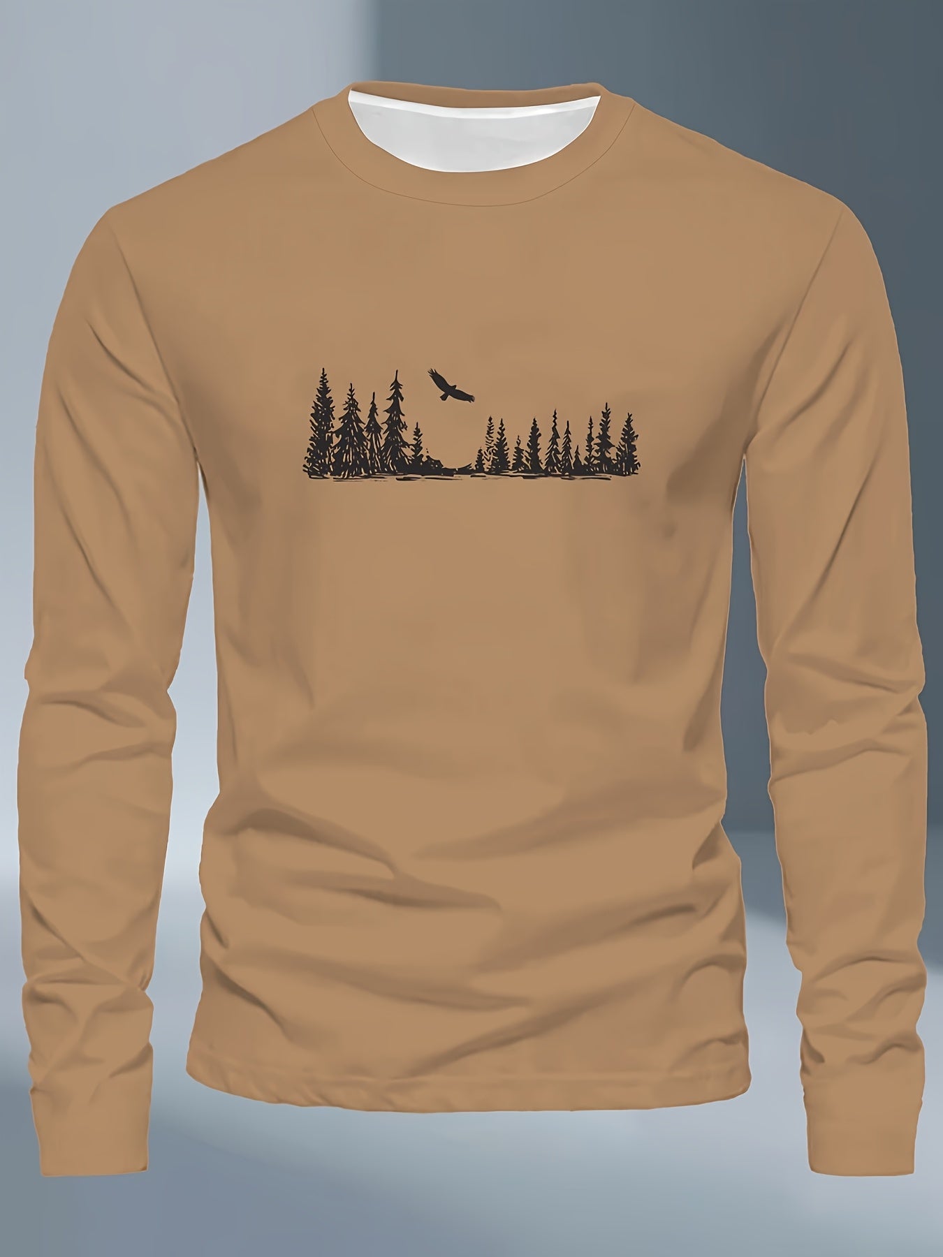 Men's Plus Size Long Sleeve T-Shirt - Navy Blue with Golden Pine Tree & Bird Design - Relaxed Fit Casual Everyday & Formal Wear - Machine Washable Graphic Tee, Durable Fabric Shirt, Versatile Top, Geometric Pattern, Comfortab