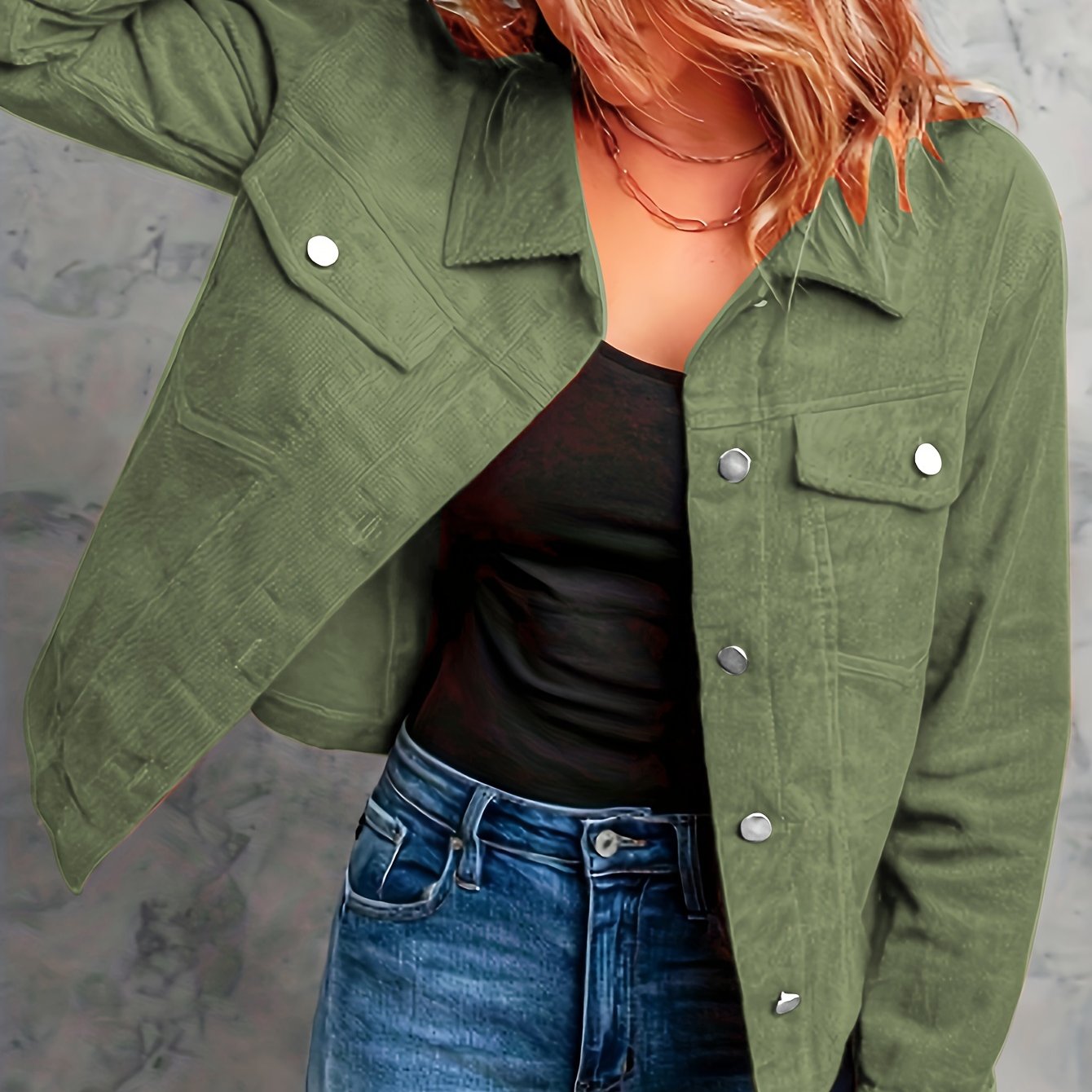 Corduroy Button Front Flap Pockets Jacket, Casual Long Sleeve Jacket For Spring & Fall, Women's Clothing
