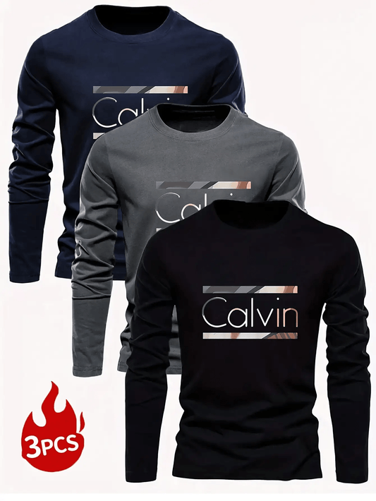 3pcs Set Men'S Plus Size Long Sleeve T-Shirts - Wrinkle-Resistant Polyester, Blue/Gray/Black with Golden Letter Print, Stand Collar Casual Shirts for Spring & Fall, Versatile for Parties & Casual Attire, Anti-Wrinkle Technolo