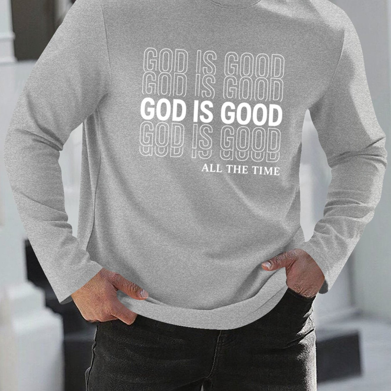 Men's Oversized Christian Faith T-Shirt with "God is Good All The Time" Print - Breathable Long Sleeve Casual Round Neck Shirt for Church, Casual Attire & Religious Events - Spring/Fall Comfort Fit (Adults & Teens) - Medium S