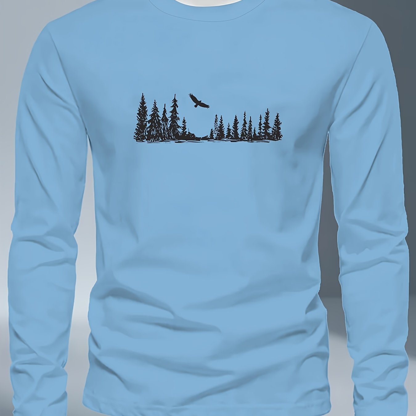 Men's Plus Size Long Sleeve T-Shirt - Navy Blue with Golden Pine Tree & Bird Design - Relaxed Fit Casual Everyday & Formal Wear - Machine Washable Graphic Tee, Durable Fabric Shirt, Versatile Top, Geometric Pattern, Comfortab