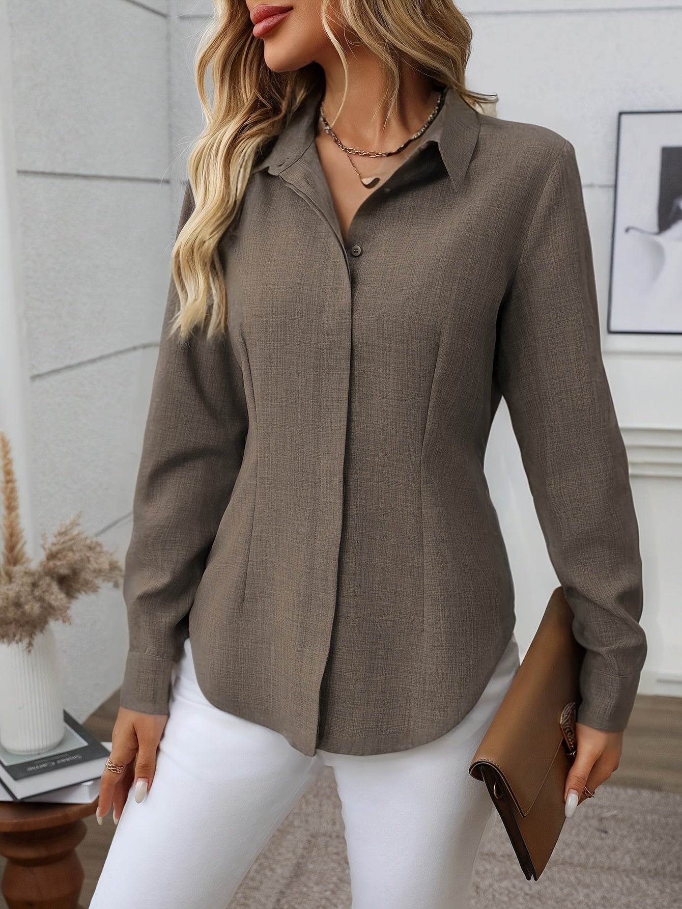 Women'S Elegant Loose-Fit Long Sleeve Blouse - Classic Button-Front Placket, Office & Casual Shirt for Teachers, Professionals - All-Season Everyday & Formal Attire - Easy-Care Women'S Business Blouse, Teacher Wardrobe Essent
