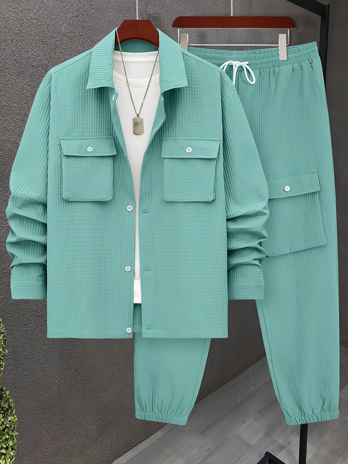 Large Size Men's Casual Long Sleeve Shirt and Trousers Set, PLUS SIZE