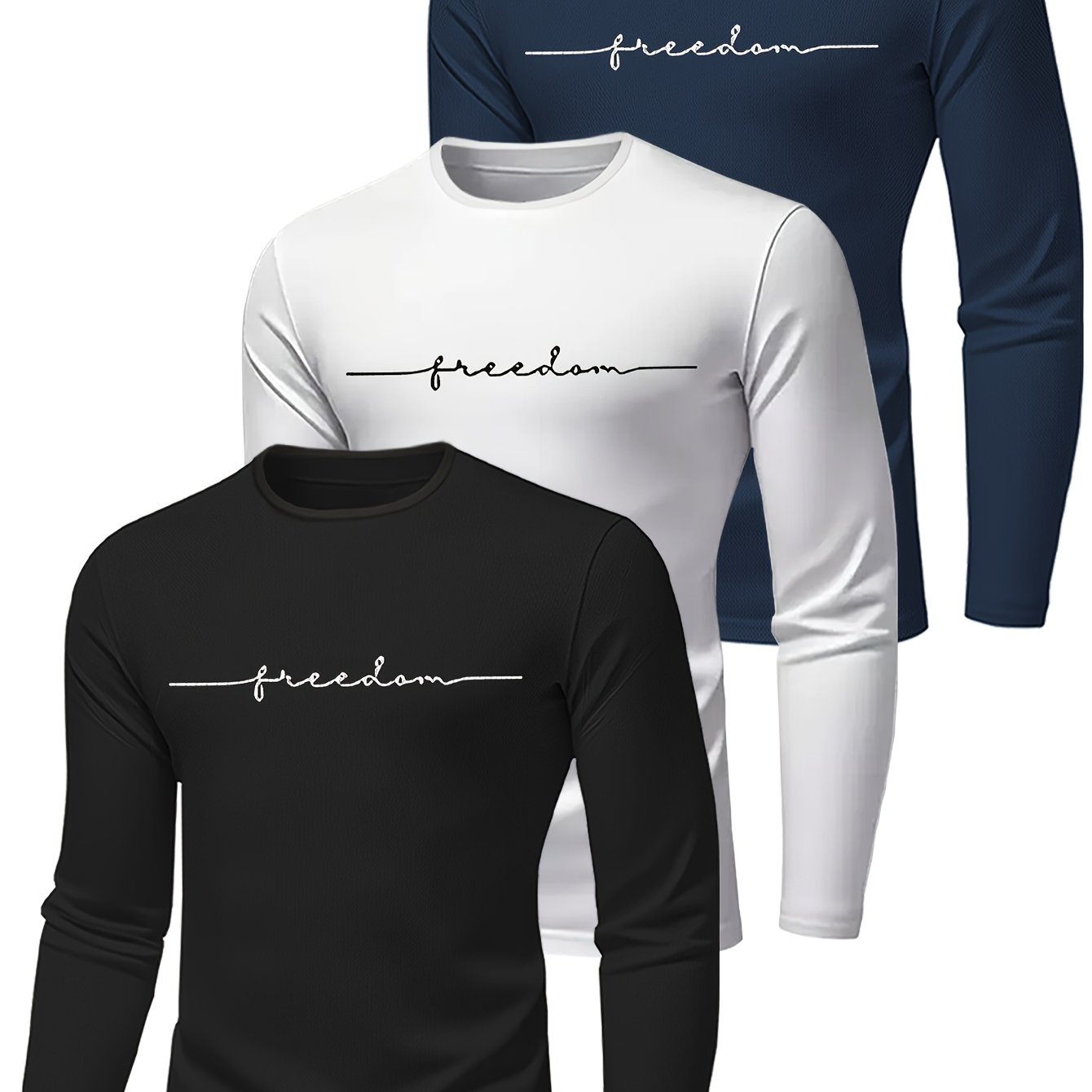 3pcs Men's Quick-Dry Long Sleeve T-Shirts - Moisture-Wicking Breathable Athletic Shirts with Freedom Print, Loose Fit for Gym, Running, Hiking & Outdoor Training - Multi-Color (Navy/White/Black) - Machine Washable Sportswear
