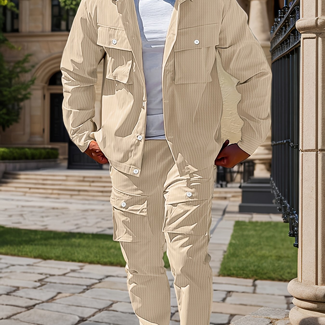 Large Size Men's Casual Long Sleeve Shirt and Trousers Set, PLUS SIZE