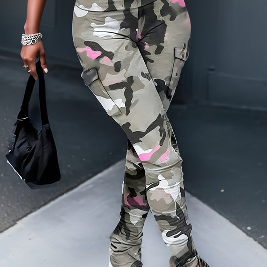 [Sexy Camo Cargo Pants] High-Waisted Sexy Women's Camo Print Stretchy Flare Cargo Pants | Elastic Waistband, Comfortable & Stylish for Casual Wear, Spring/Summer Fashion, with Pockets