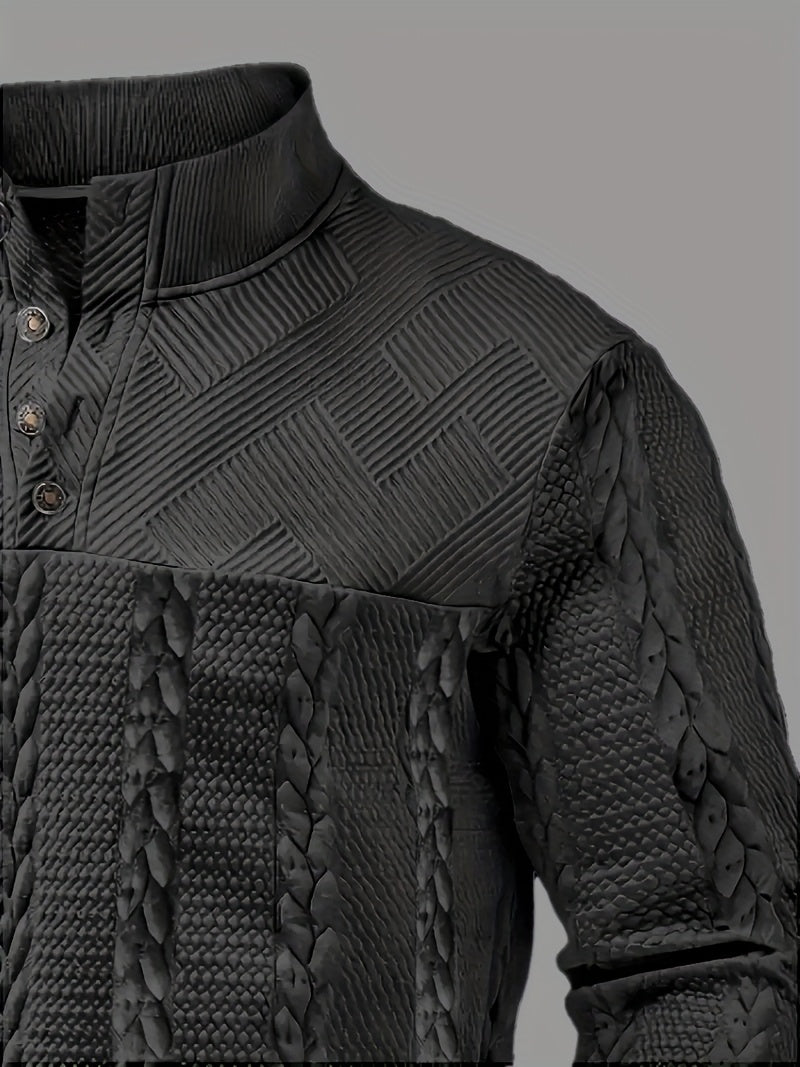 Men'S Jacquard Henley Shirt - Soft Stretch Long Sleeve Pullover with Button Front, Casual Knit Sweater for Fall/Winter, & Striped Design, Regular Fit Outdoor & Casual Attire, Winter Casual Wear | Striped Knitwear | Jacquard T