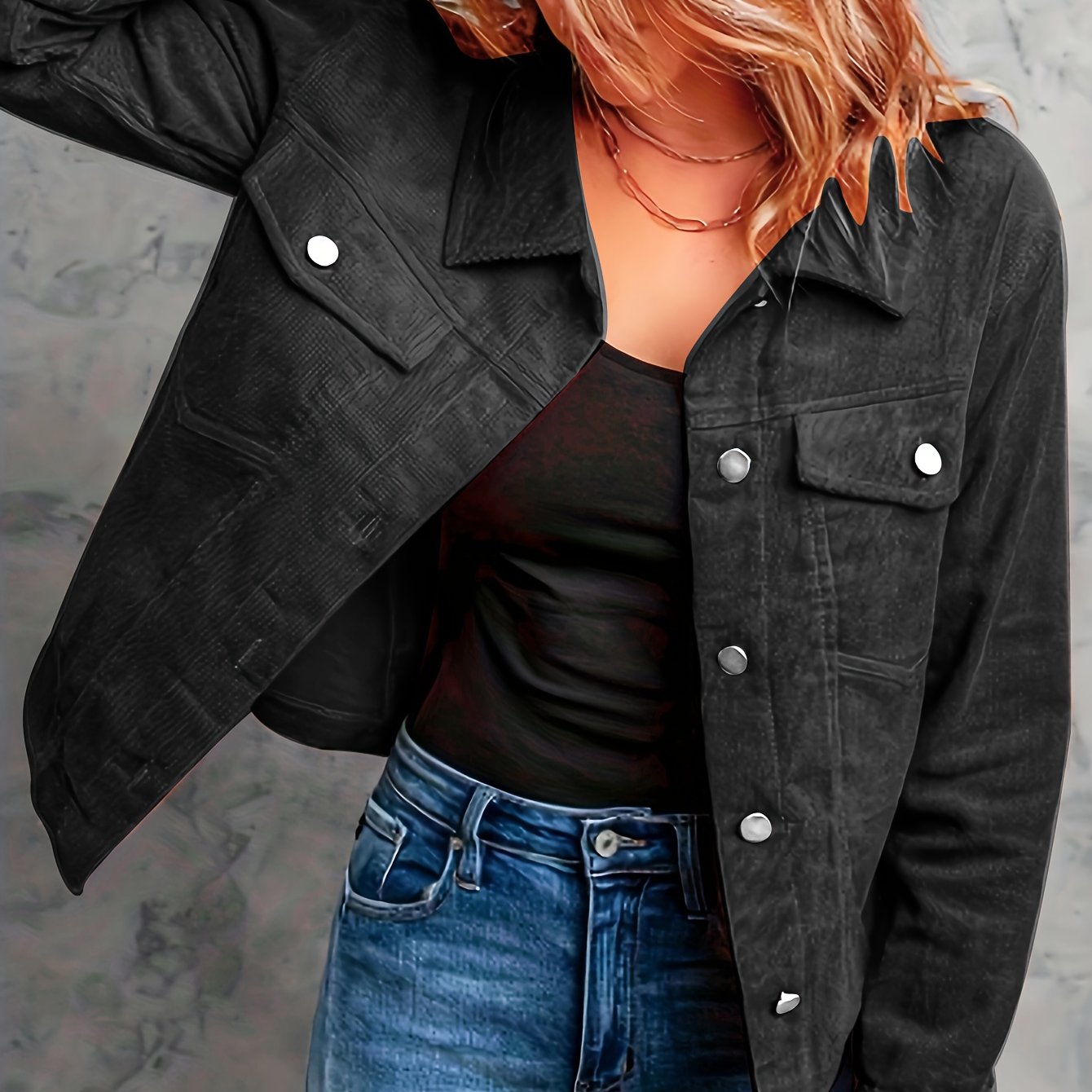 Corduroy Button Front Flap Pockets Jacket, Casual Long Sleeve Jacket For Spring & Fall, Women's Clothing