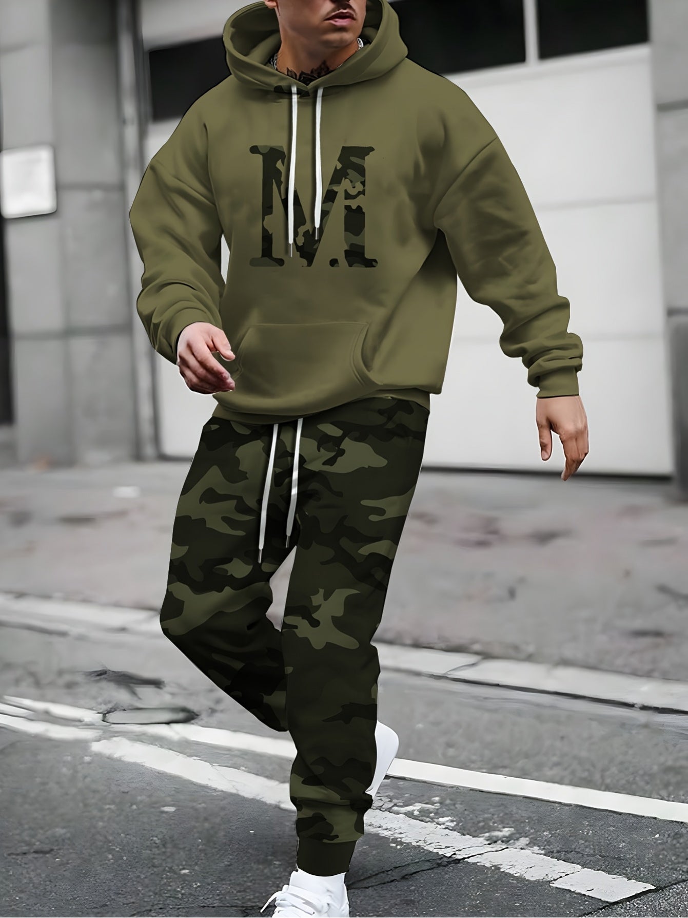 2pcs Men's Plus Size, Casual, Hooded Sports Camouflage, Printed Long Sleeve T-Shirt and Pants Set, Outdoor Wear, Preferred Gift for Someone, Street Style, PLUS SIZE