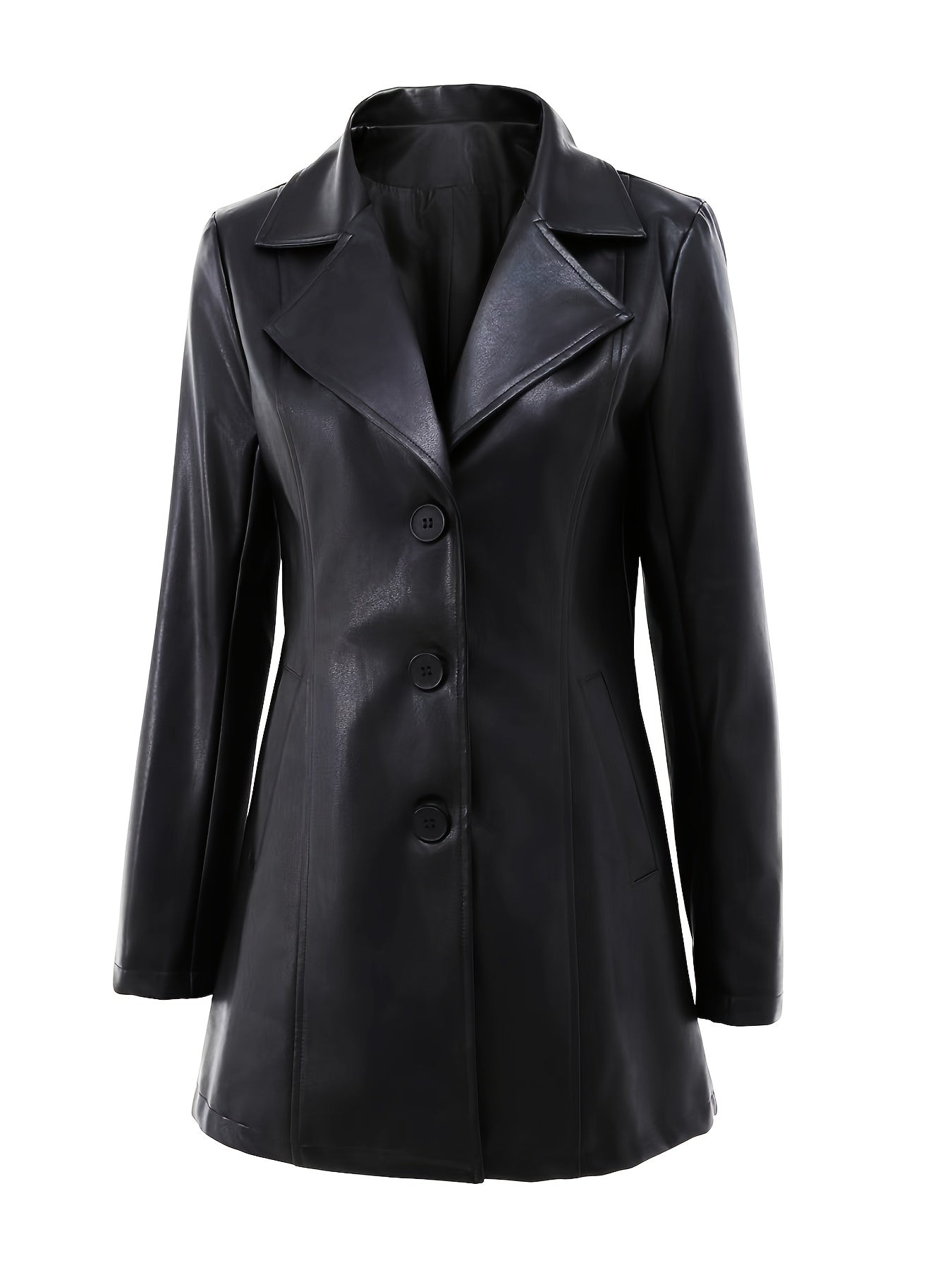 Leather Women's slim-fit jacket - elegant collar, mid-length outerwear with a single-button front closure, A-line cut, umbrella-shaped hem, suitable for casual and professional wear all year round, long sleeves