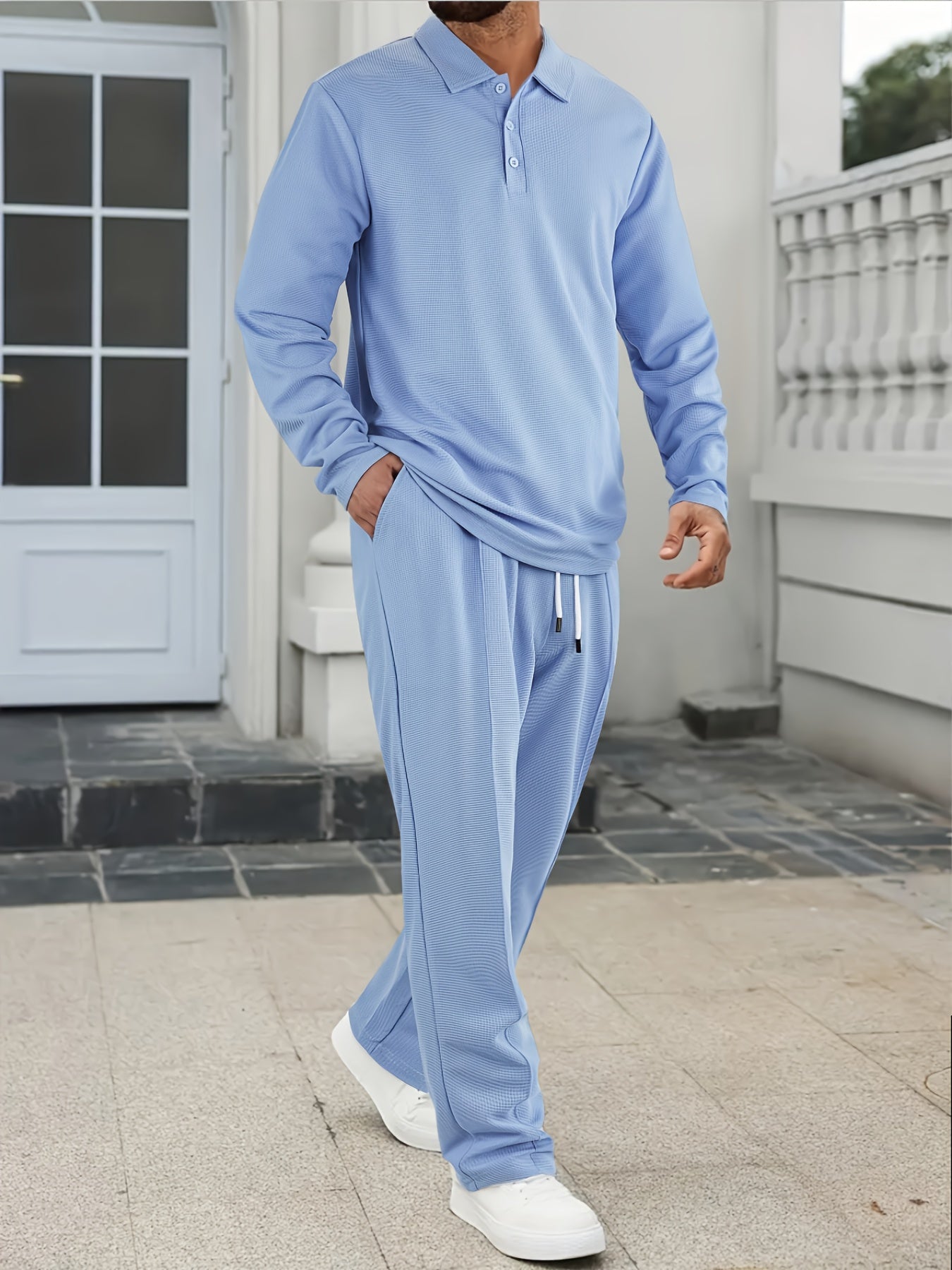 [Comfortable Men's Set] 2pcs Men's Long-Sleeve Shirt and Drawstring Pants Set - Clean, Comfortable, Breathable