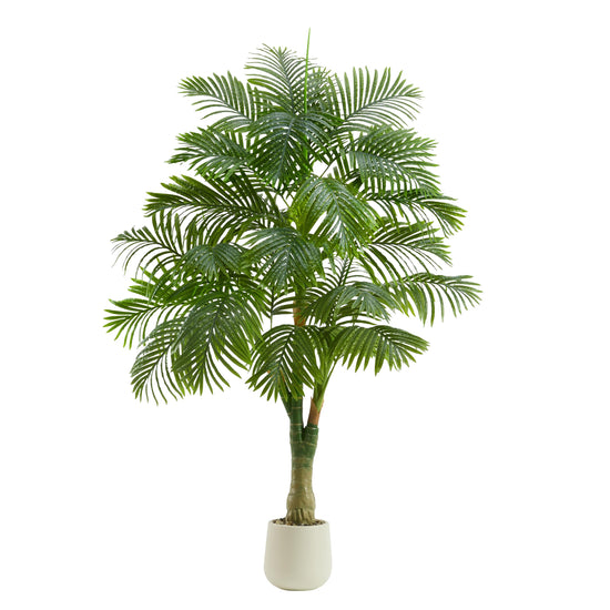 FSOHOI Artificial Golden Cane Palm Tree, 5FT Tall Fake Plant Large Tropical Palms Trees with 3 Realistic Trunks, Faux Palm Plant Artificial Tree in Pot for Indoor Outdoor Room Patio Office Home Decor