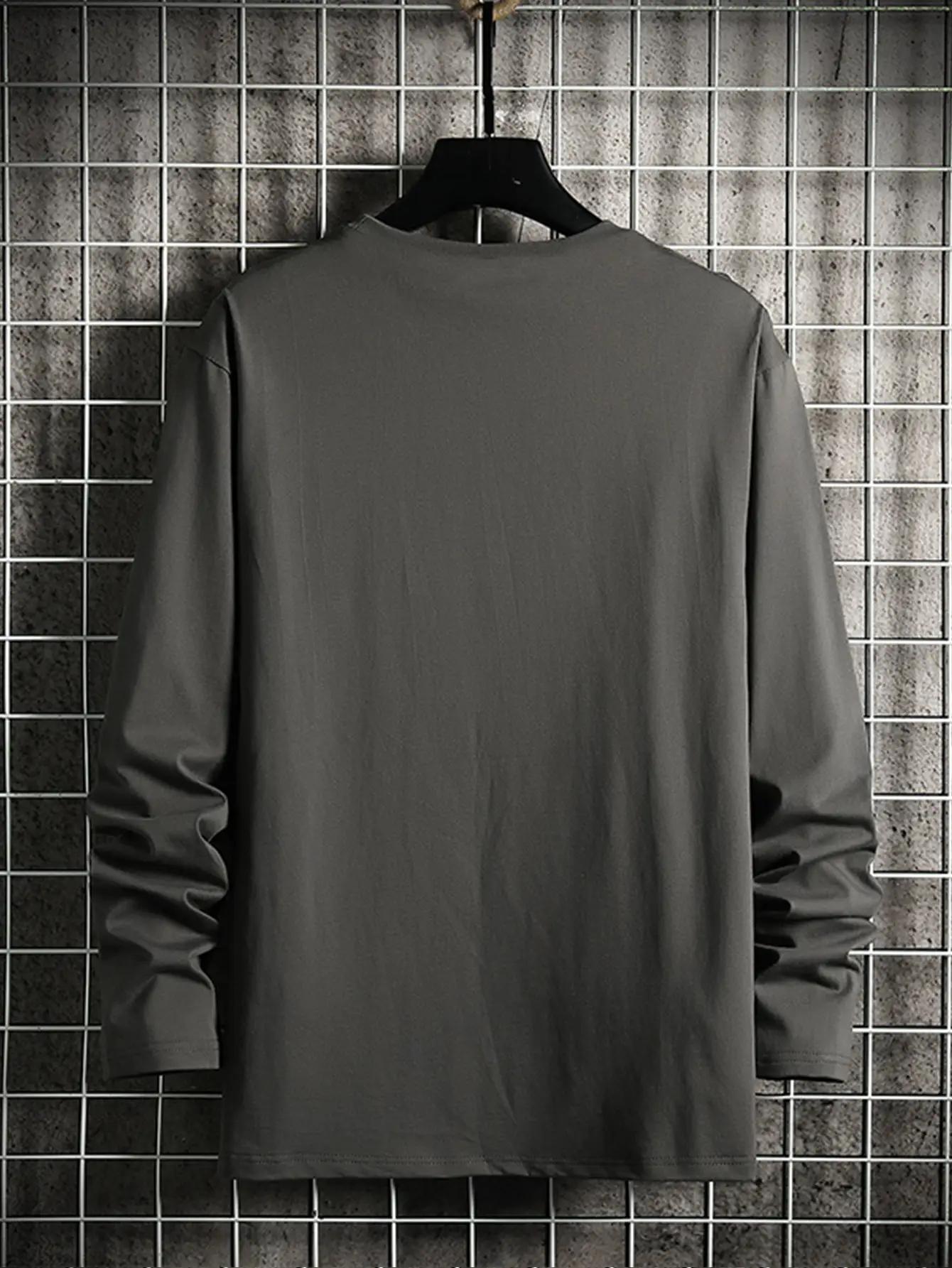 3pcs Set Men'S Plus Size Long Sleeve T-Shirts - Wrinkle-Resistant Polyester, Blue/Gray/Black with Golden Letter Print, Stand Collar Casual Shirts for Spring & Fall, Versatile for Parties & Casual Attire, Anti-Wrinkle Technolo