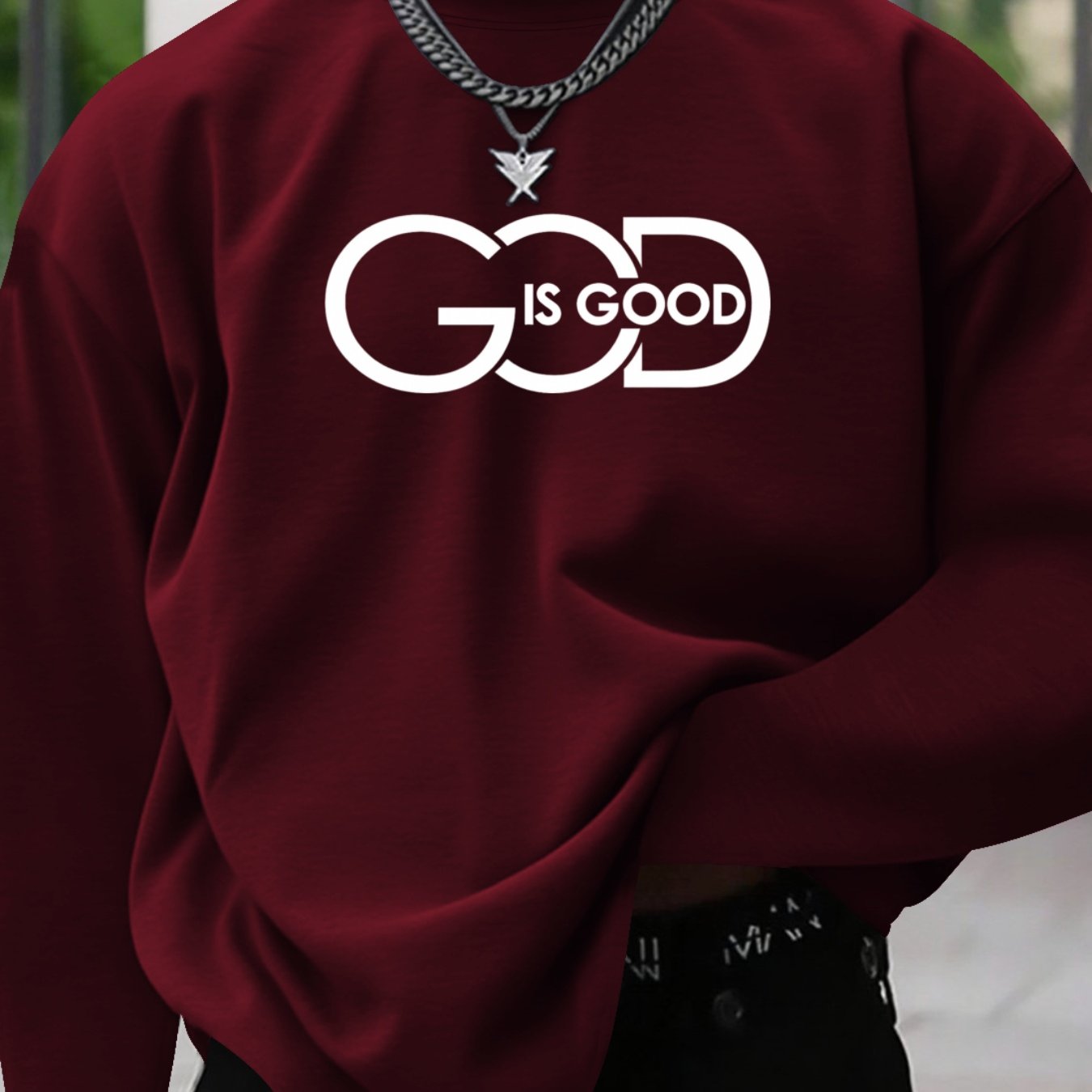 Men's Plus Size "GOD IS GOOD" Graphic Print Long Sleeve T-Shirt - Heather Gray Casual Comfort Fit Round Neck Top for Spring/Fall, Medium Stretch Fabric, PLUS SIZE