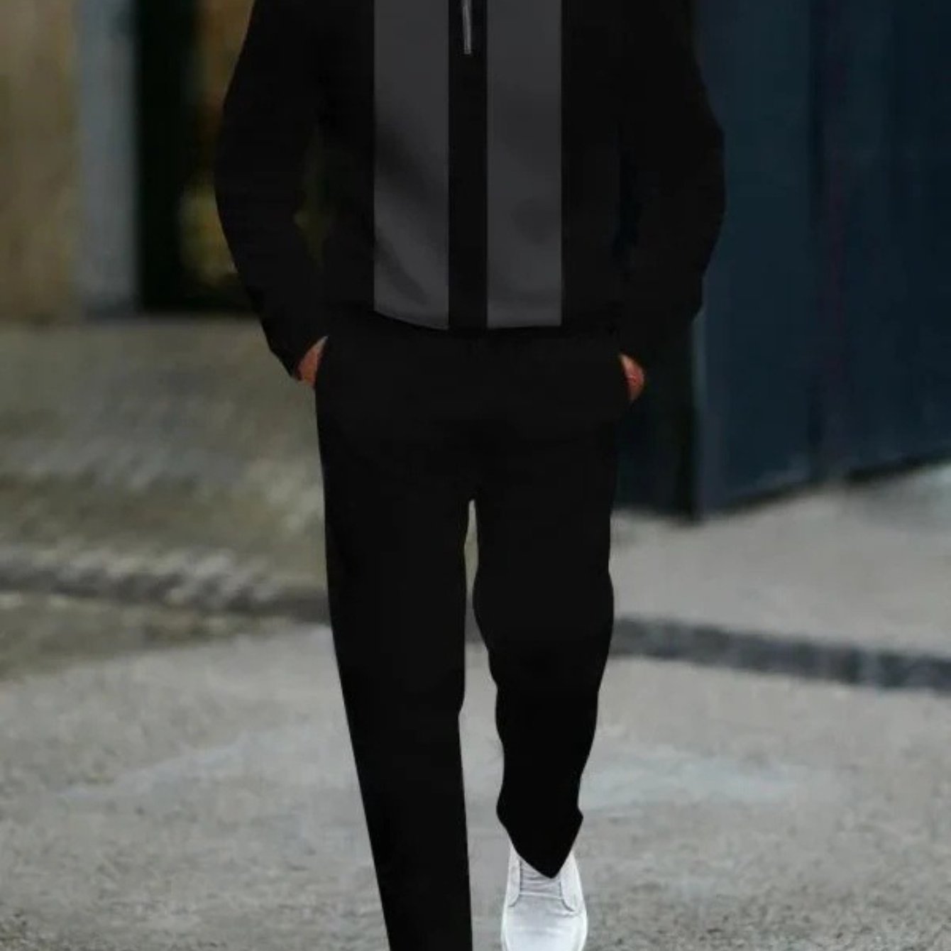 2pcs Men'S Black Sports Suit with Geometric Stripe Design - Long Sleeve Top & Pants, Half-Open Tie Zipper, Regular Fit, Casual & Fitness Wear, Plus Size, Casual Wear|Geometric Stripe Suit|Zippered Suit, PLUS SIZE