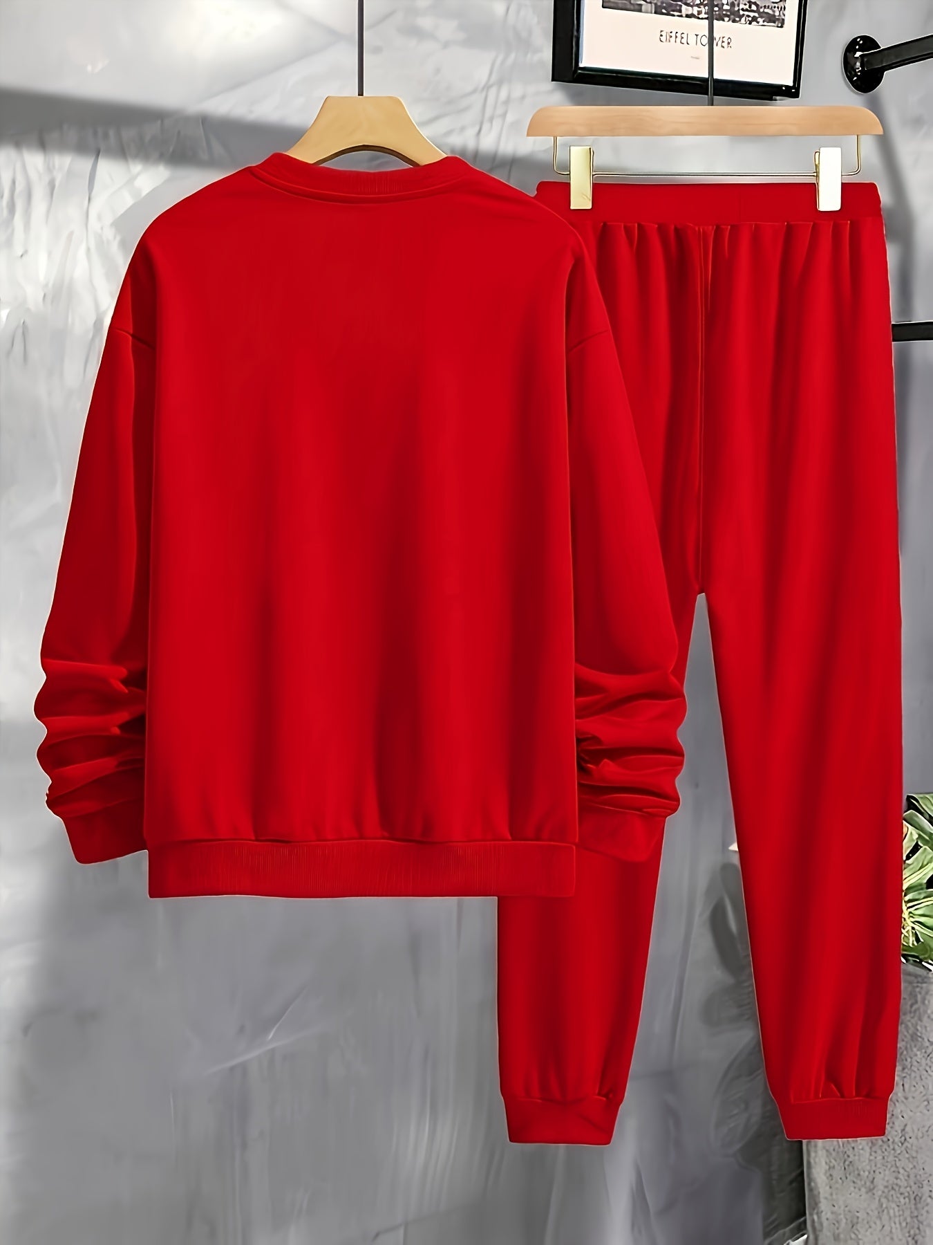 Men'S Casual 2pcs Pajama Set, Crew Neck Long Sleeve Top with Print Paris Design, Regular Fit Sweatpants with Pockets, 100% Polyester Knit Fabric, Slight Stretch, Fall Season Wear