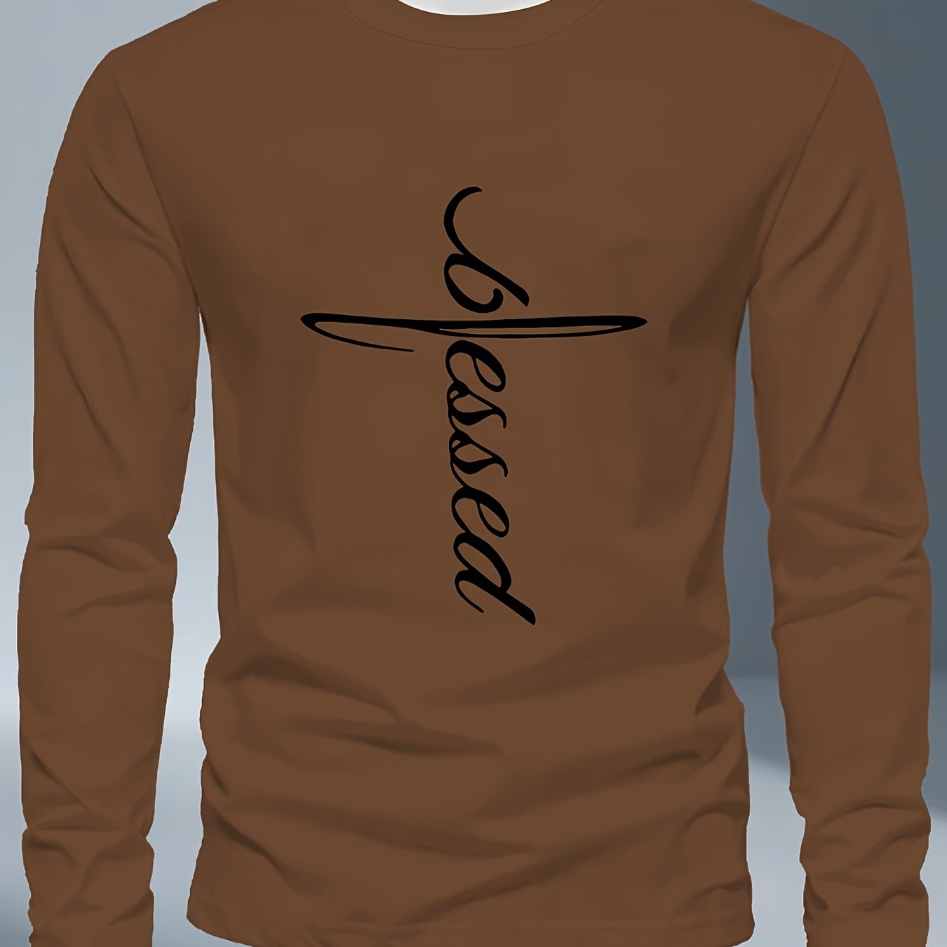 Men's Plus Size Long Sleeve T-Shirt - Dark Gray/Black Blessed Script & Cross - Soft Everyday & Formal Shirt - Machine Washable Casual Top for Religious Events Casual Attire, Event Apparel, Graphic Tee, Comfortable Fit, Comfor