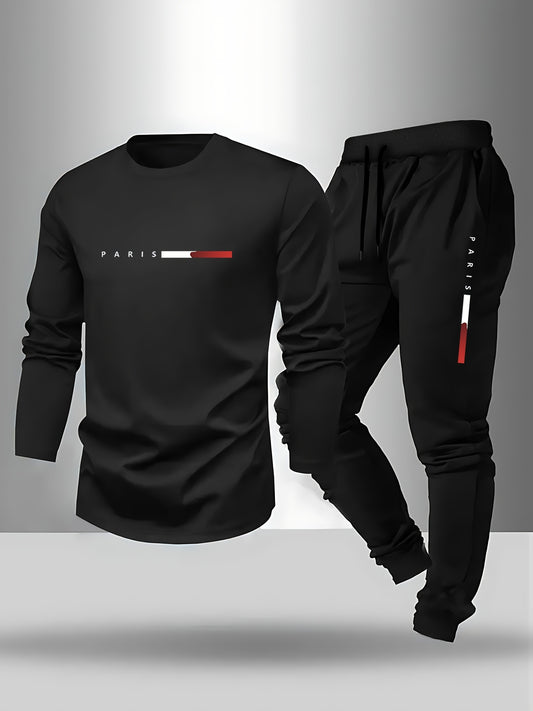 Men'S Casual Athletic Long Sleeve Shirt and Sweatpants Set - Black with White & Red "PARIS" Print, Drawstring Waist, Pockets, Polyester Blend for Golf, Running, Hiking & Outdoor Activities, Golf Attire, Sporty Look, Durable F