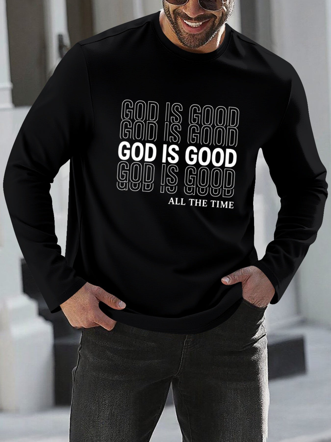 Men's Oversized Christian Faith T-Shirt with "God is Good All The Time" Print - Breathable Long Sleeve Casual Round Neck Shirt for Church, Casual Attire & Religious Events - Spring/Fall Comfort Fit (Adults & Teens) - Medium S
