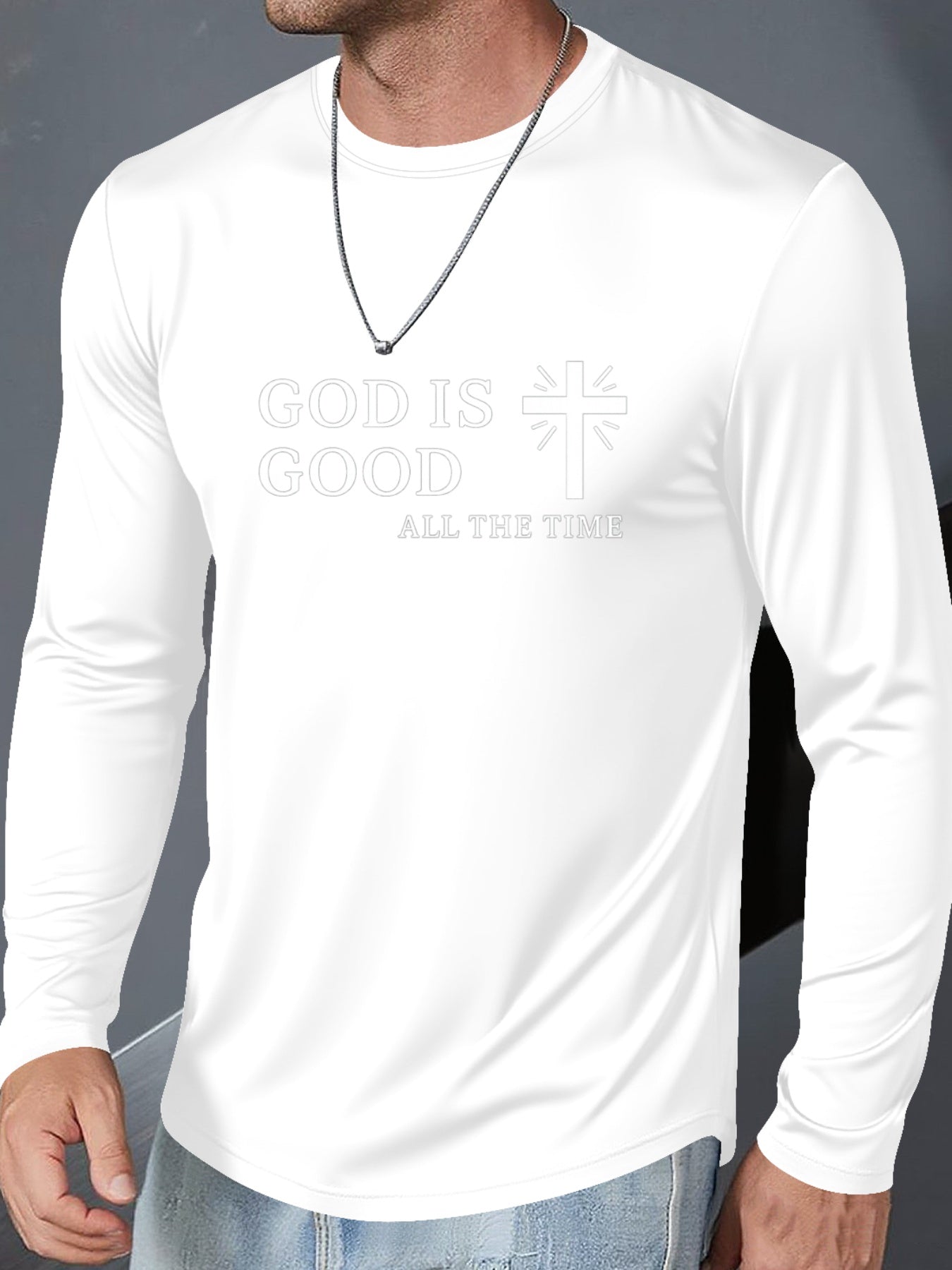 Men's Plus Size Christian Faith T-Shirt - Inspirational "GOD IS GOOD ALL THE TIME" & Cross Print, Breathable Long Sleeve Round Neck Casual Shirt for Church, Casual Attire, Spring/Fall Layering (Adults & Teens) - Comfortable R