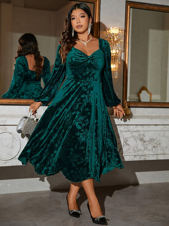 Plus Size, Elegant Plus Size Floral Print A-Line Dress - Long Sleeve -Length Formal & Semi-Formal Gown, Machine Washable All-Season Wedding Guest Dress with Fitted Bodice (No)