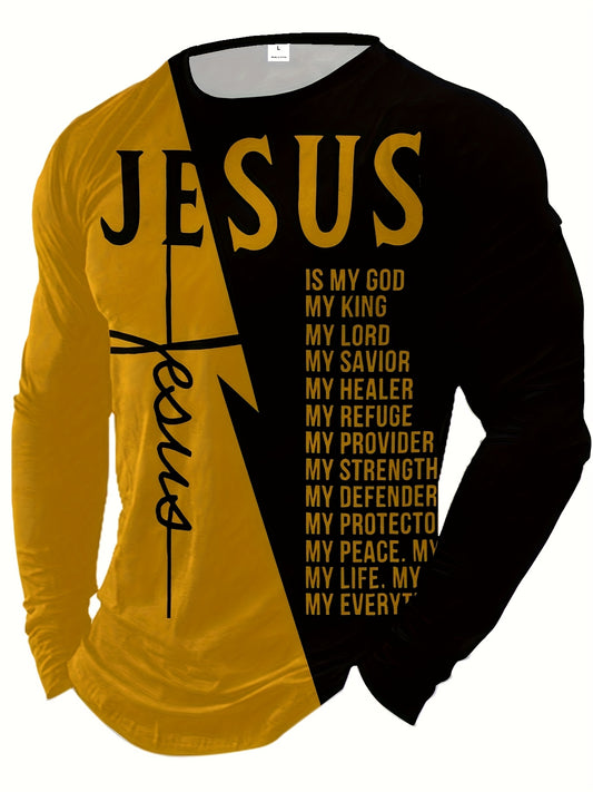 Men'S Casual Crew Neck T-Shirt with "Jesus is My Everything" Graphic Print - Breathable Long Sleeve Tee for Beach, Vacation & Summer Events - Comfortable Daily Wear, Perfect Gift for Him, Vacation Clothing | Inspirational Des