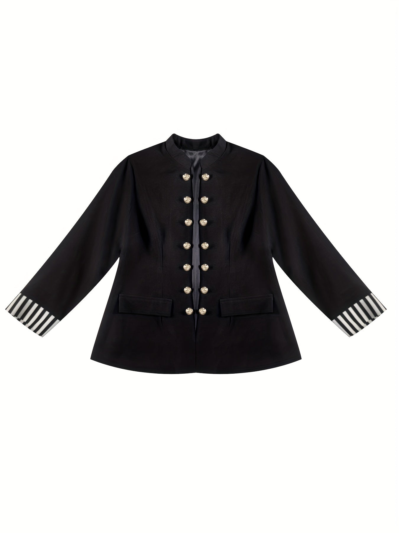 Plus Size - Plus Size Women'S Slim-Fit Casual Blazer - Solid Color Stand Collar Double-Breasted Jacket with Slit Hem, Regular Fit Spring/Fall Versatile for Office & Weekend Outings, Ladies Blazers